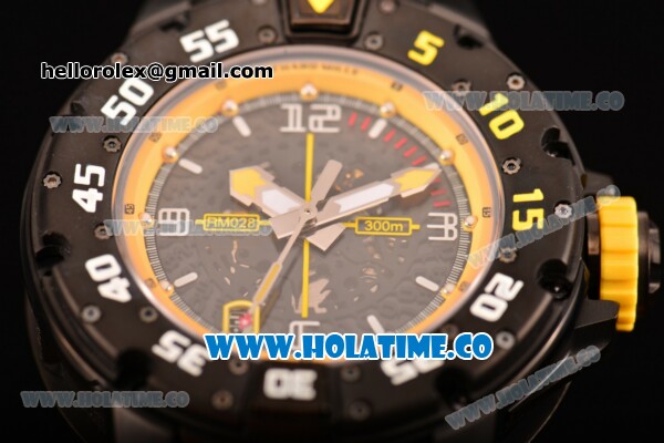 Richard Mille RM028 Swiss Valjoux 7750 Automatic PVD Case with Skeleton Dial and Black Rubber Strap - Yellow Inner Bezel - Click Image to Close